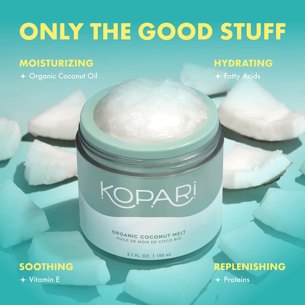 Kopari Organic Coconut Melt dry shave oil highlights smooth glide and skin protection