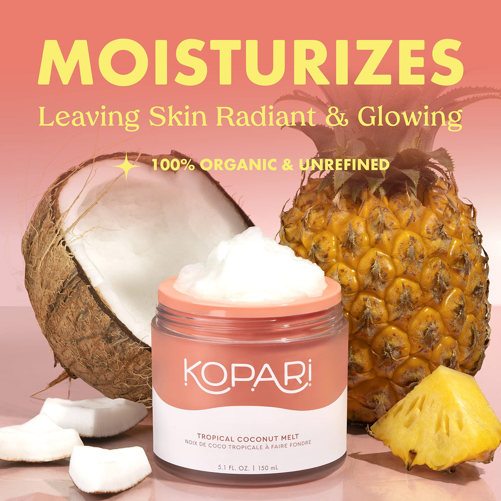 Kopari Organic Tropical Coconut Melt texture closeup shows silky, fast absorbing oil for daily moisture