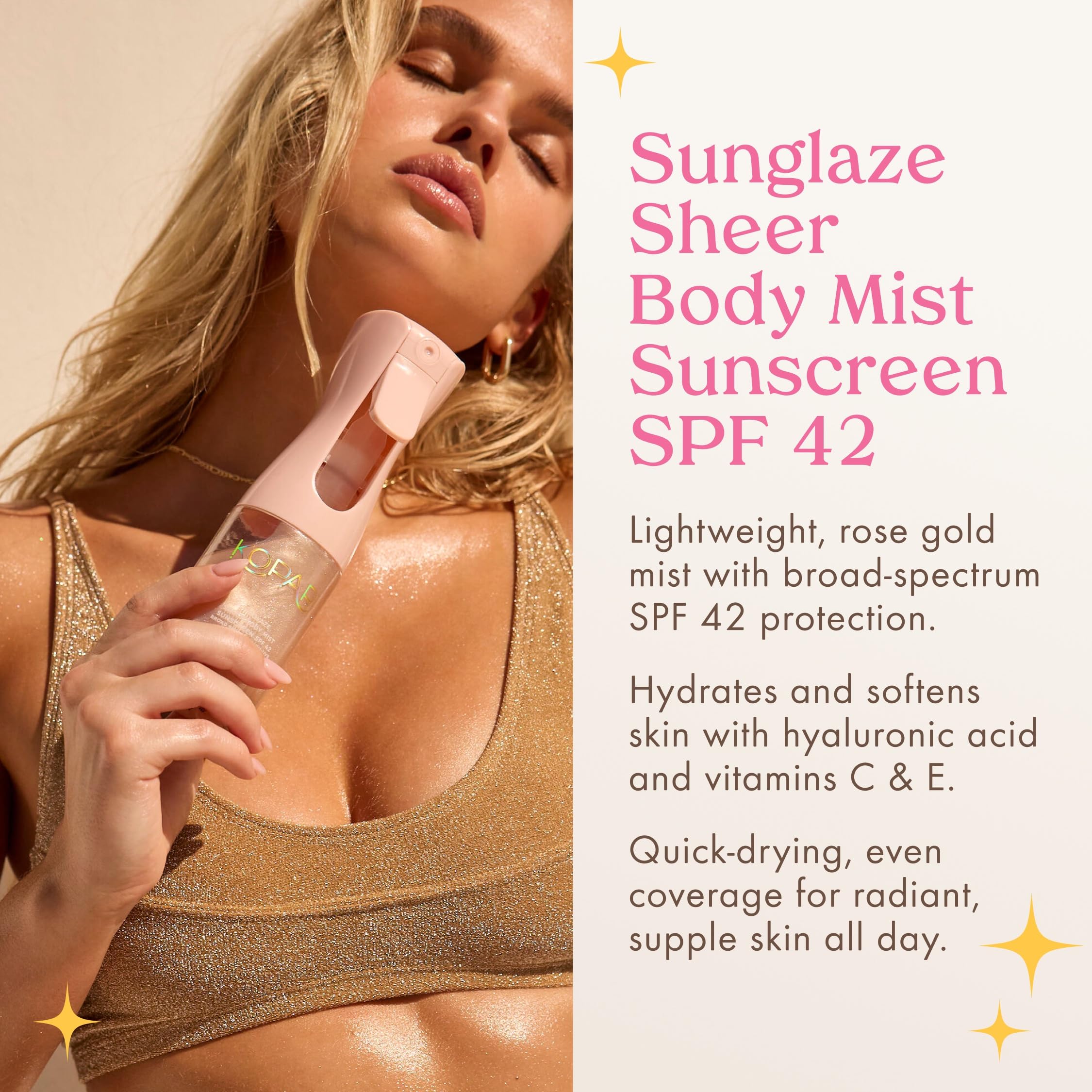 Kopari Rose Gold Sunglaze shimmer oil droplets for radiant skin.