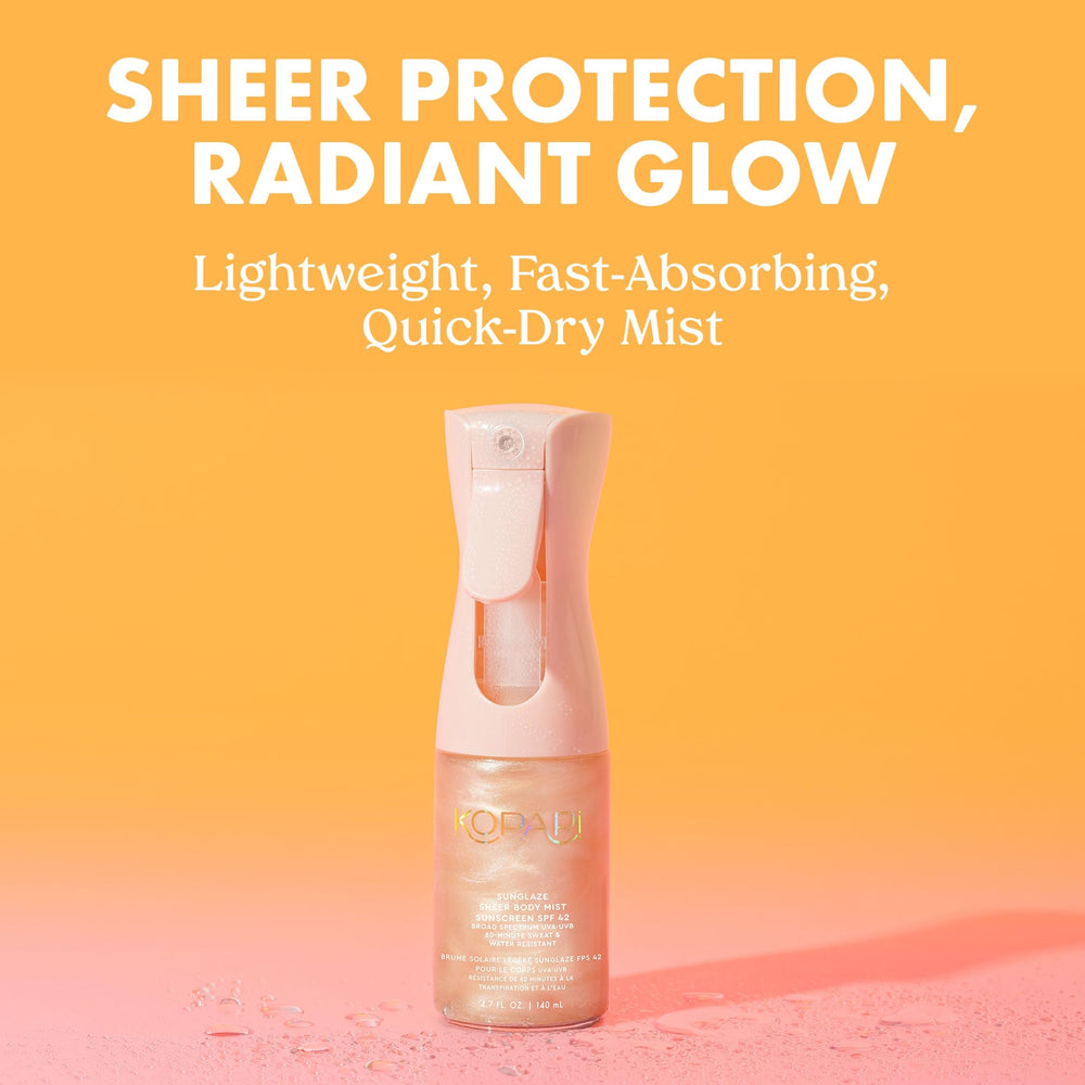 Kopari Rose Gold Sunglaze spray application delivering lightweight, sheer coverage.