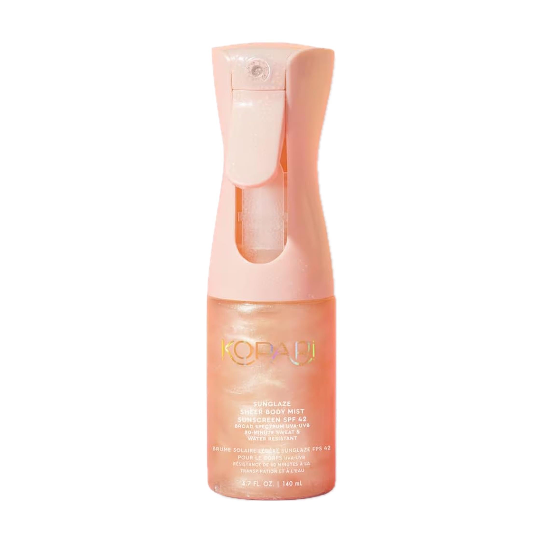 Kopari Rose Gold Sunglaze Sunscreen bottle with SPF 42 for daily sun protection.