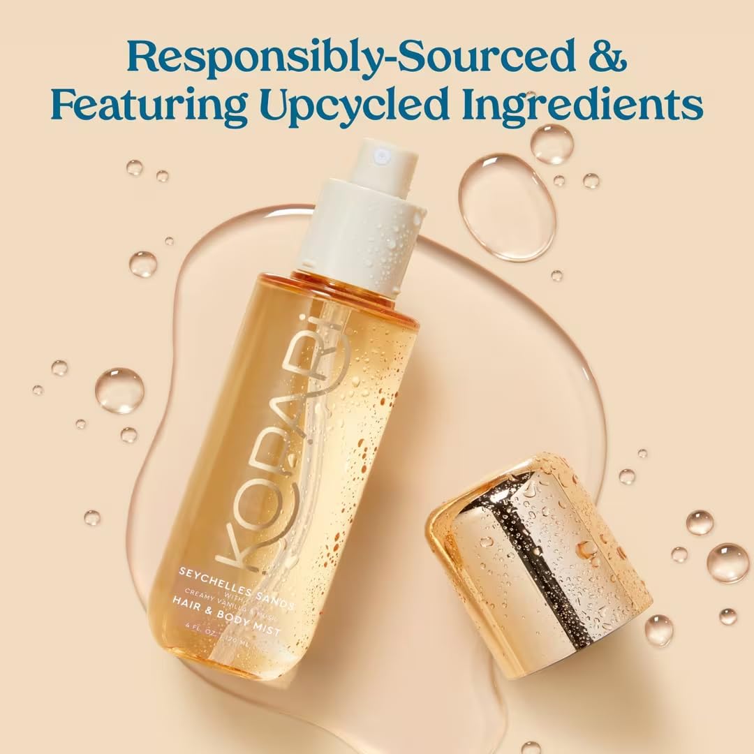 Kopari Seychelles Sands bottle closeup emphasizes creamy vanilla notes and skin-friendly ingredients.