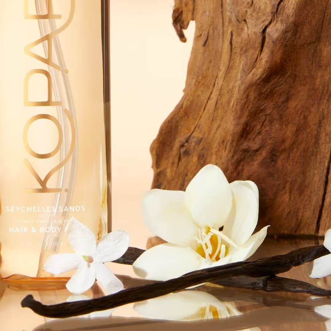 Kopari Seychelles Sands spritz hair image illustrates refreshing scent for day-to-night wear.