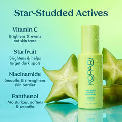 Kopari Star Bright starfruit graphic packaging emphasizes brightening skincare with natural fruit-derived ingredients.
