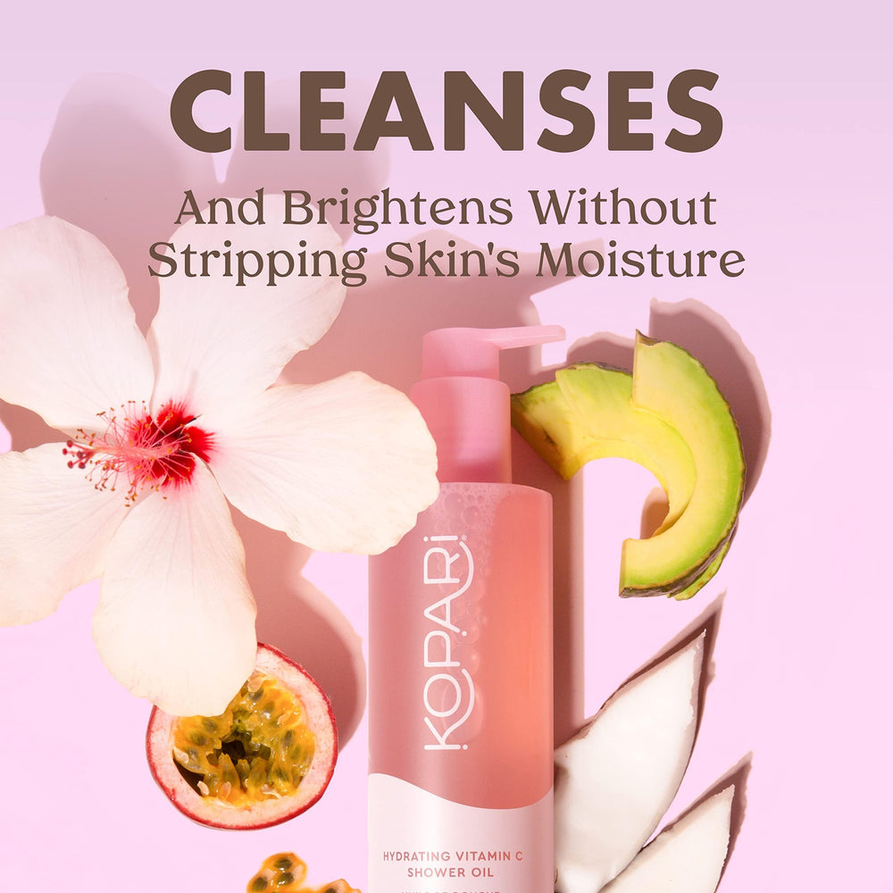 Kopari Sudsy Shower Oil bottle-pour captures tropical fragrance during shower.