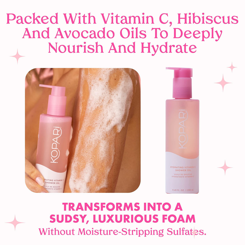 Kopari Sudsy Shower Oil hibiscus-seed-oil highlights antioxidant-rich nourishment for skin.