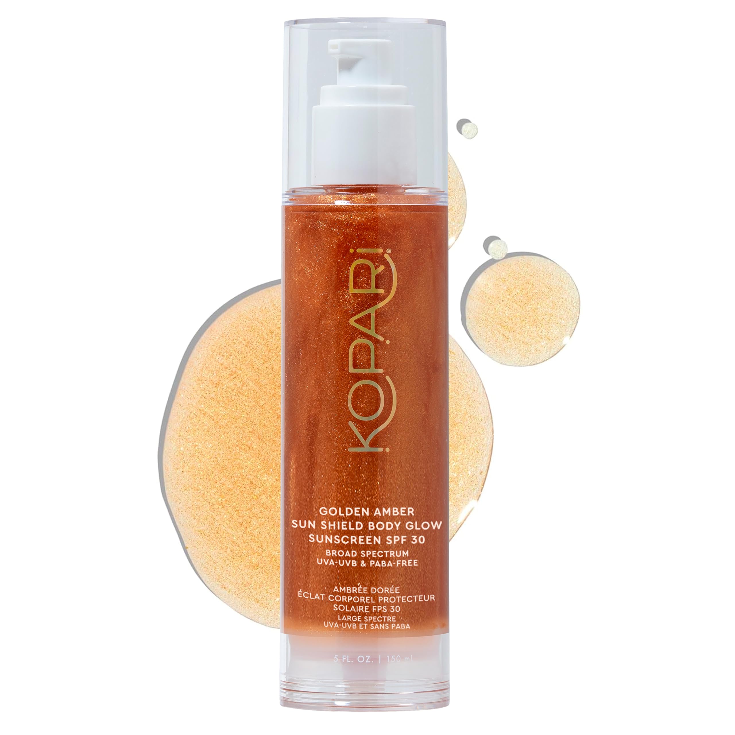 Kopari Sun Shield Body Glow bottle with golden shimmer for radiant protection.