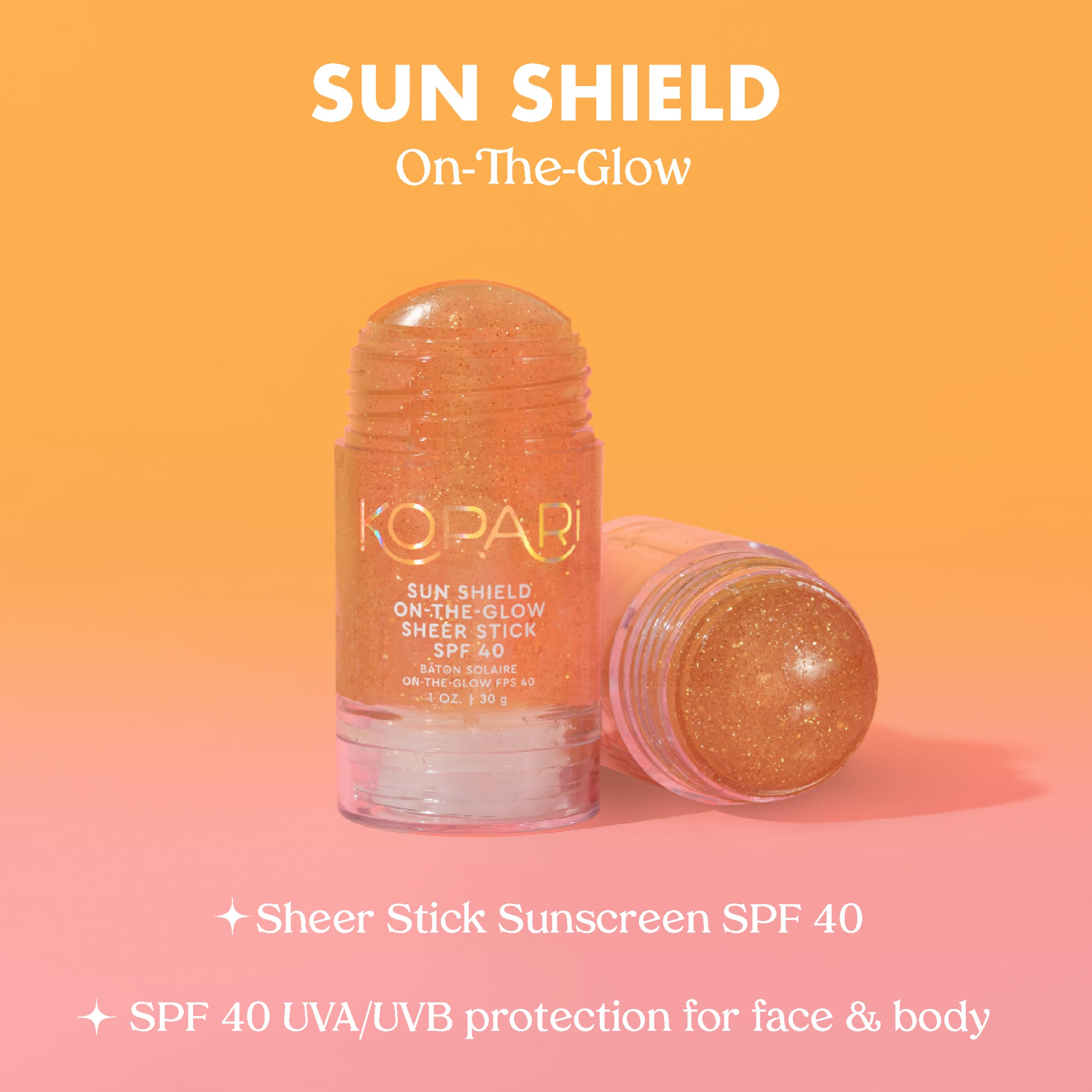 Kopari Sun Shield On-The-Glow stick applied to arms for broad protection