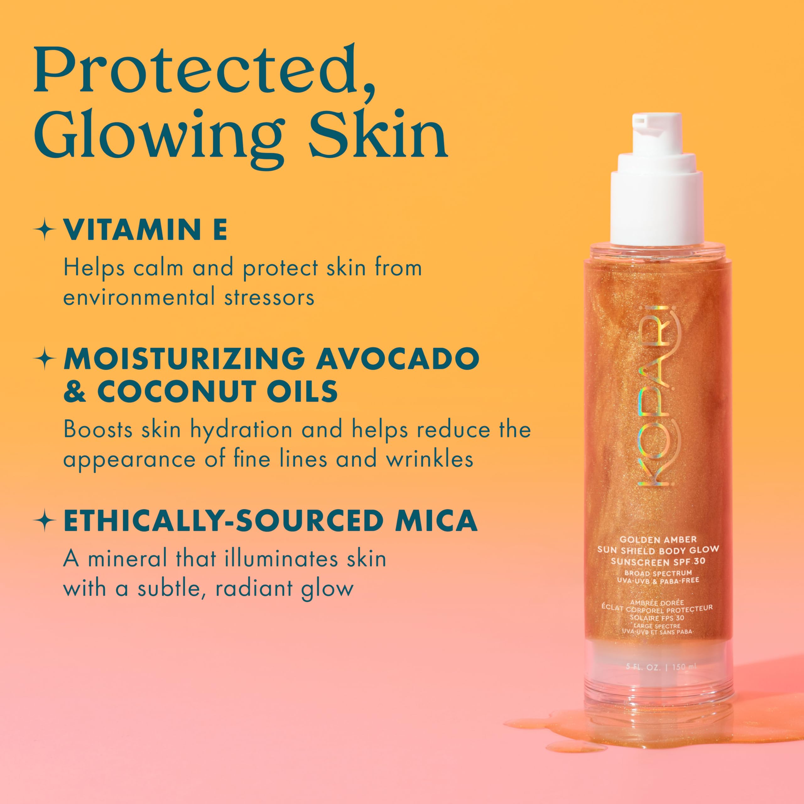 Kopari Sun Shield rose-gold shimmer on skin for glow.