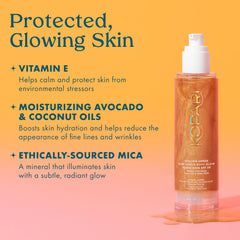 Kopari Sun Shield rose-gold shimmer on skin for glow.