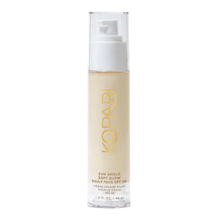 Kopari Sun Shield Soft Glow bottle closeup shows daily SPF 30 protection and hydrated radiance