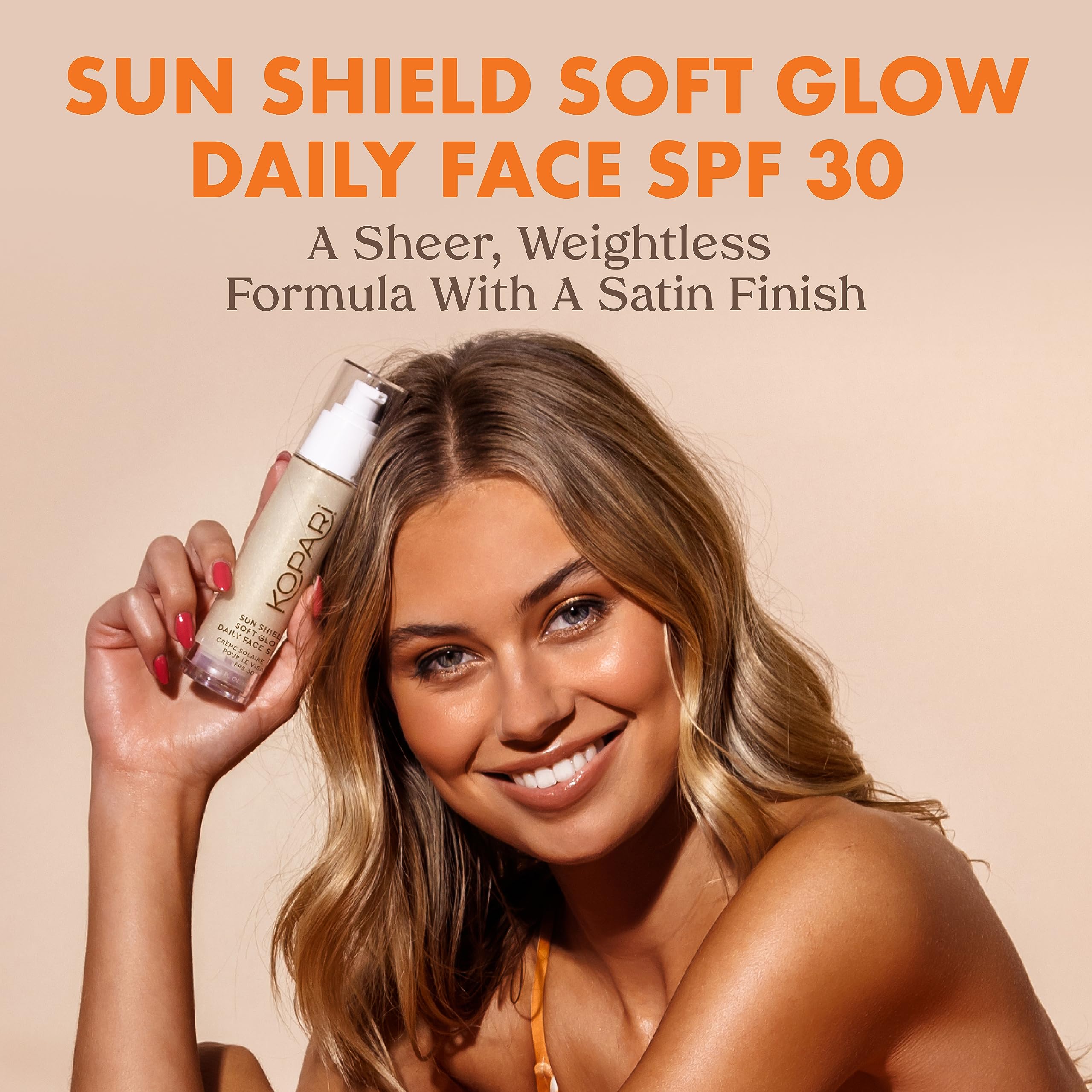 Kopari Sun Shield Soft Glow gel texture highlights quick absorption for makeup-ready skin