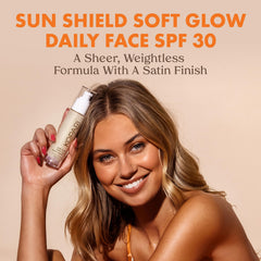 Kopari Sun Shield Soft Glow gel texture highlights quick absorption for makeup-ready skin