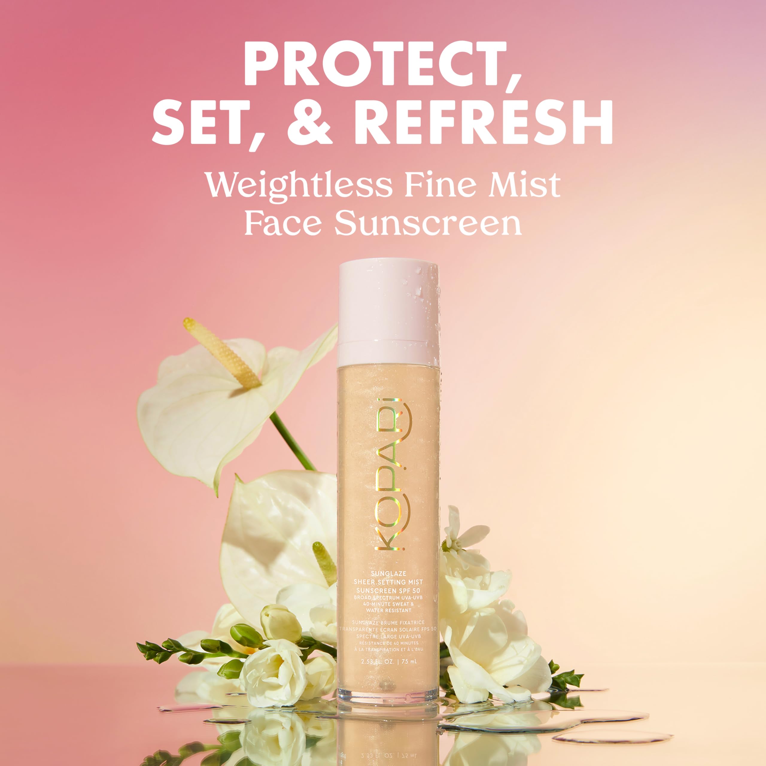 Kopari Sunglaze Setting Mist fine mist spray enables seamless makeup wear.