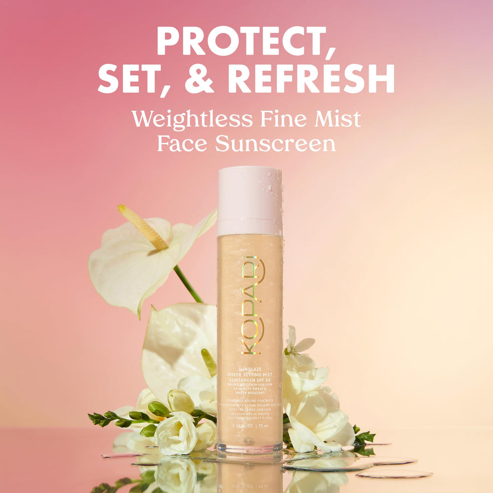 Kopari Sunglaze Setting Mist fine mist spray enables seamless makeup wear.