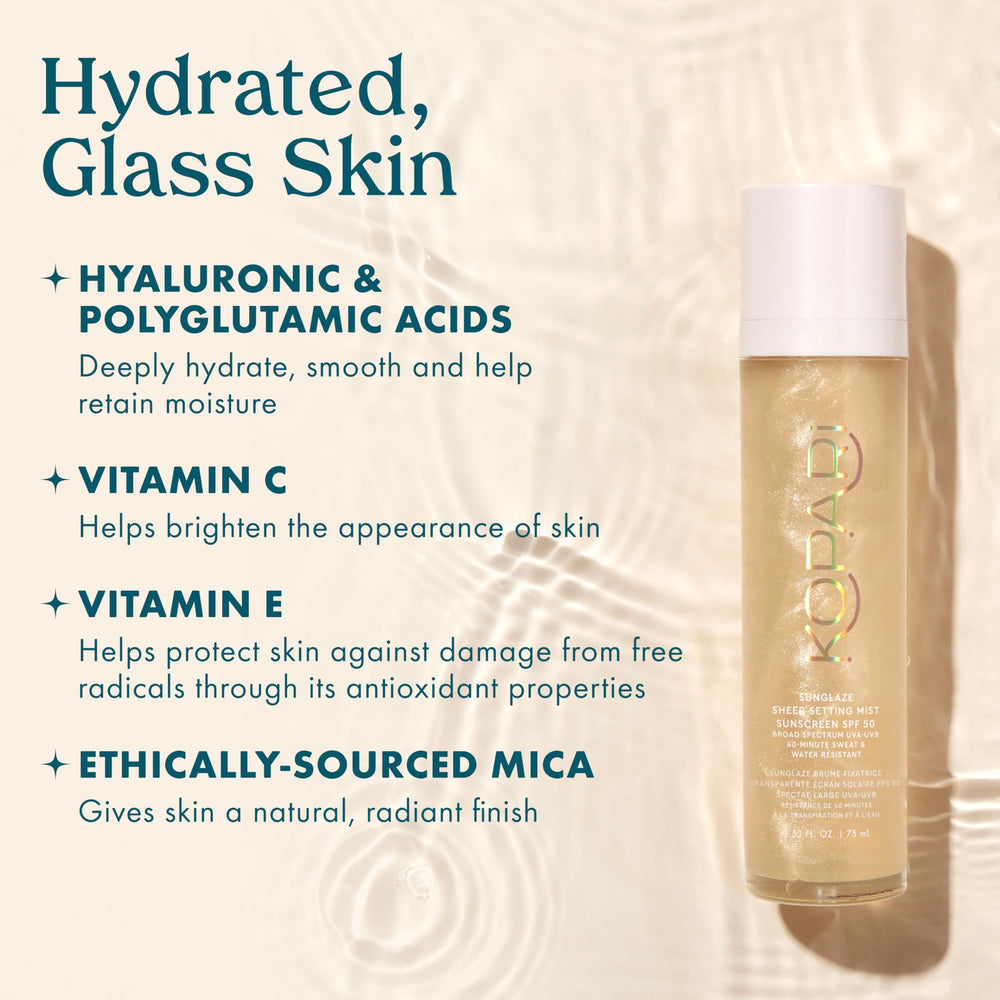 Kopari Sunglaze Setting Mist hydrating formula with hyaluronic and polyglutamic acids.