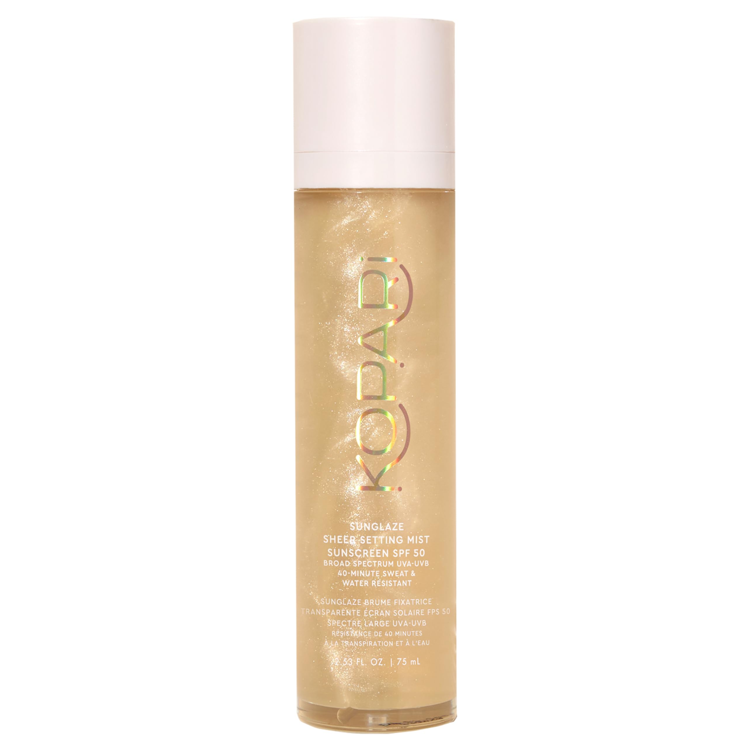 Kopari Sunglaze Setting Mist SPF 50 bottle pump delivers weightless sun protection.