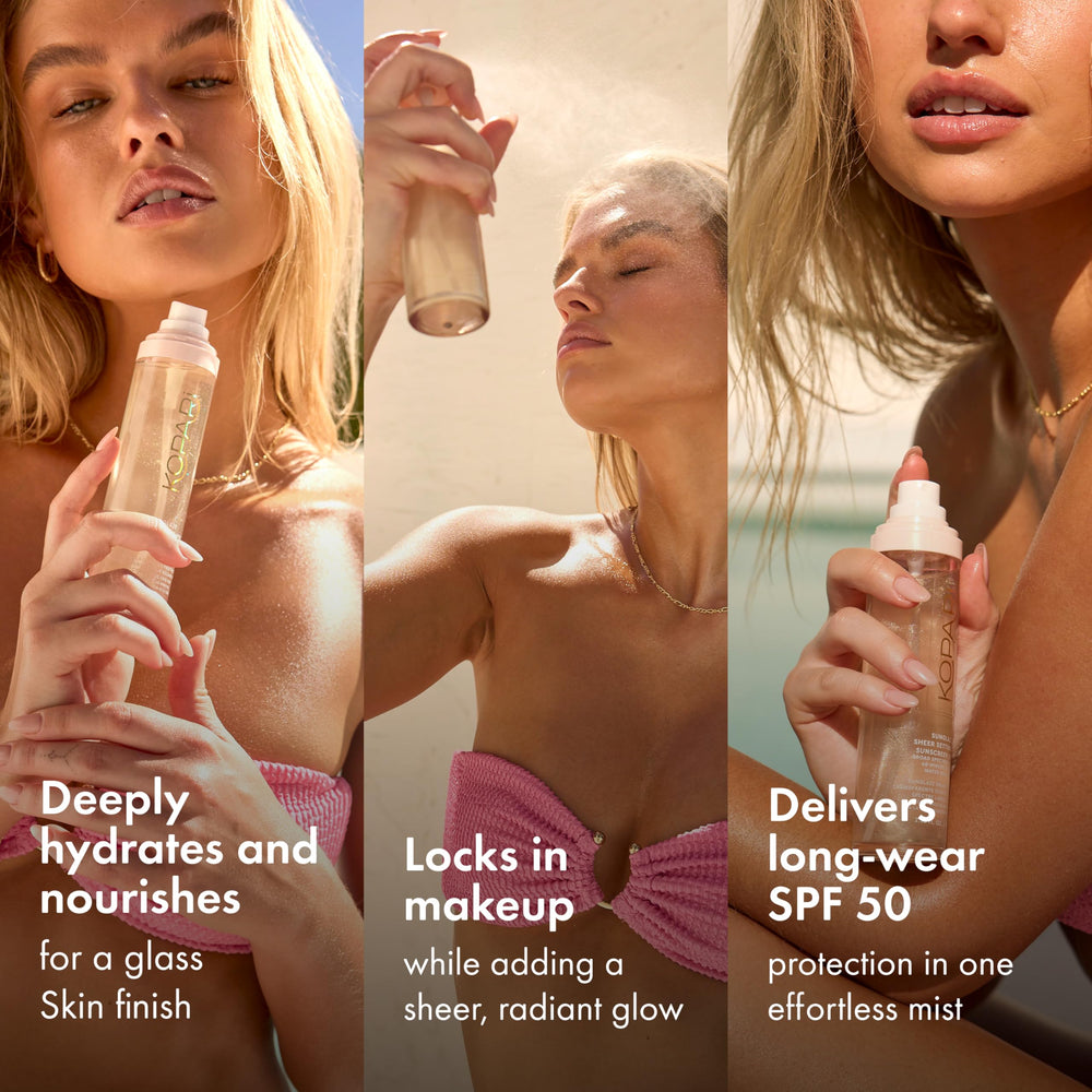 Kopari Sunglaze Setting Mist SPF 50 spray provides lightweight protection and dewy finish.