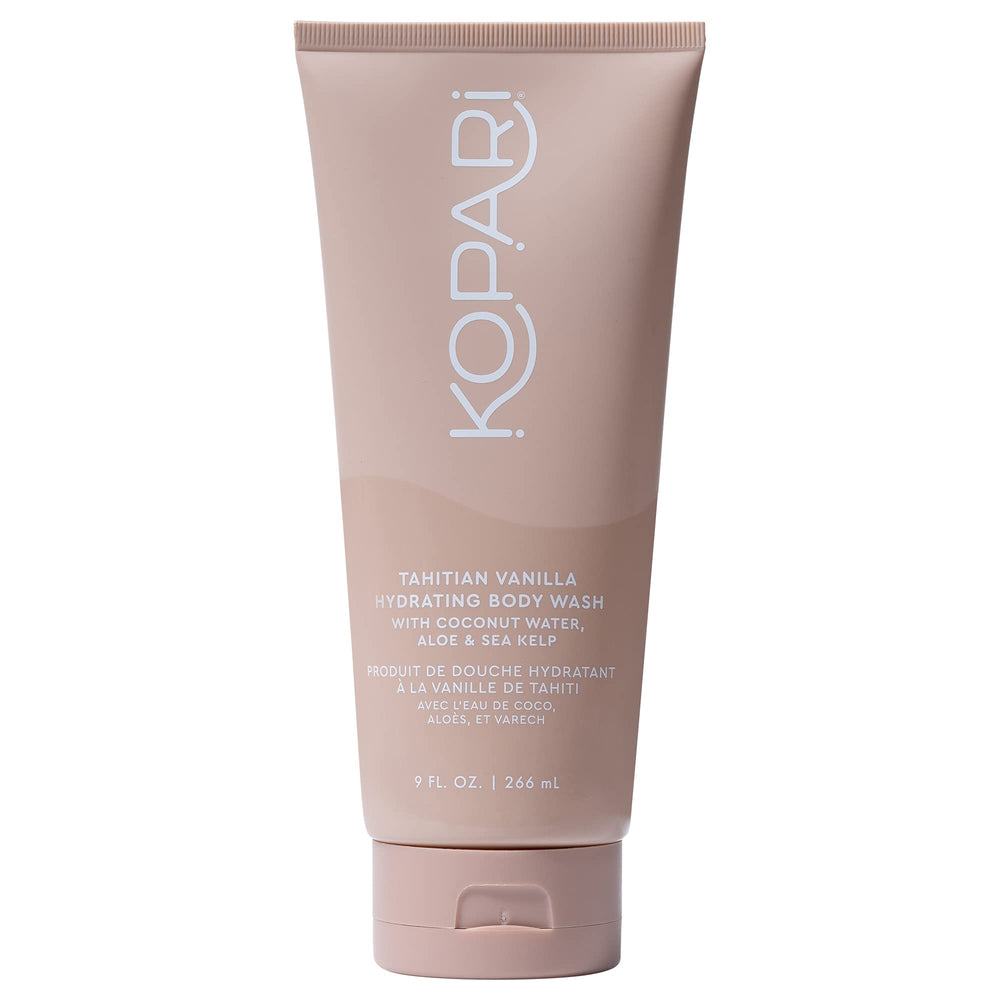 Kopari Tahitian Vanilla Hydrating Body Wash pour shows coconut water cleanse for refreshed skin