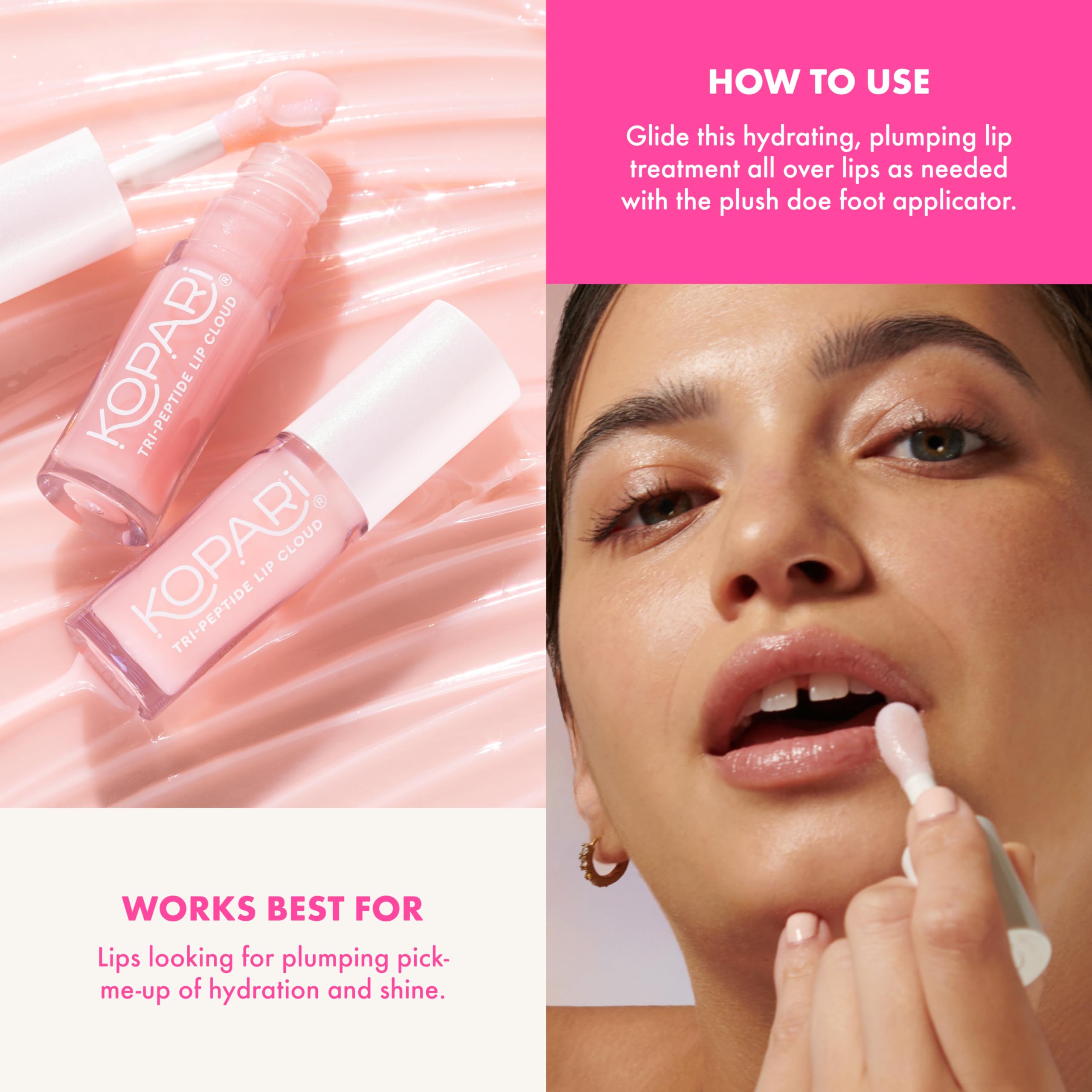 Kopari Tri-Peptide Lip Cloud texture offers moisture and subtle glow.