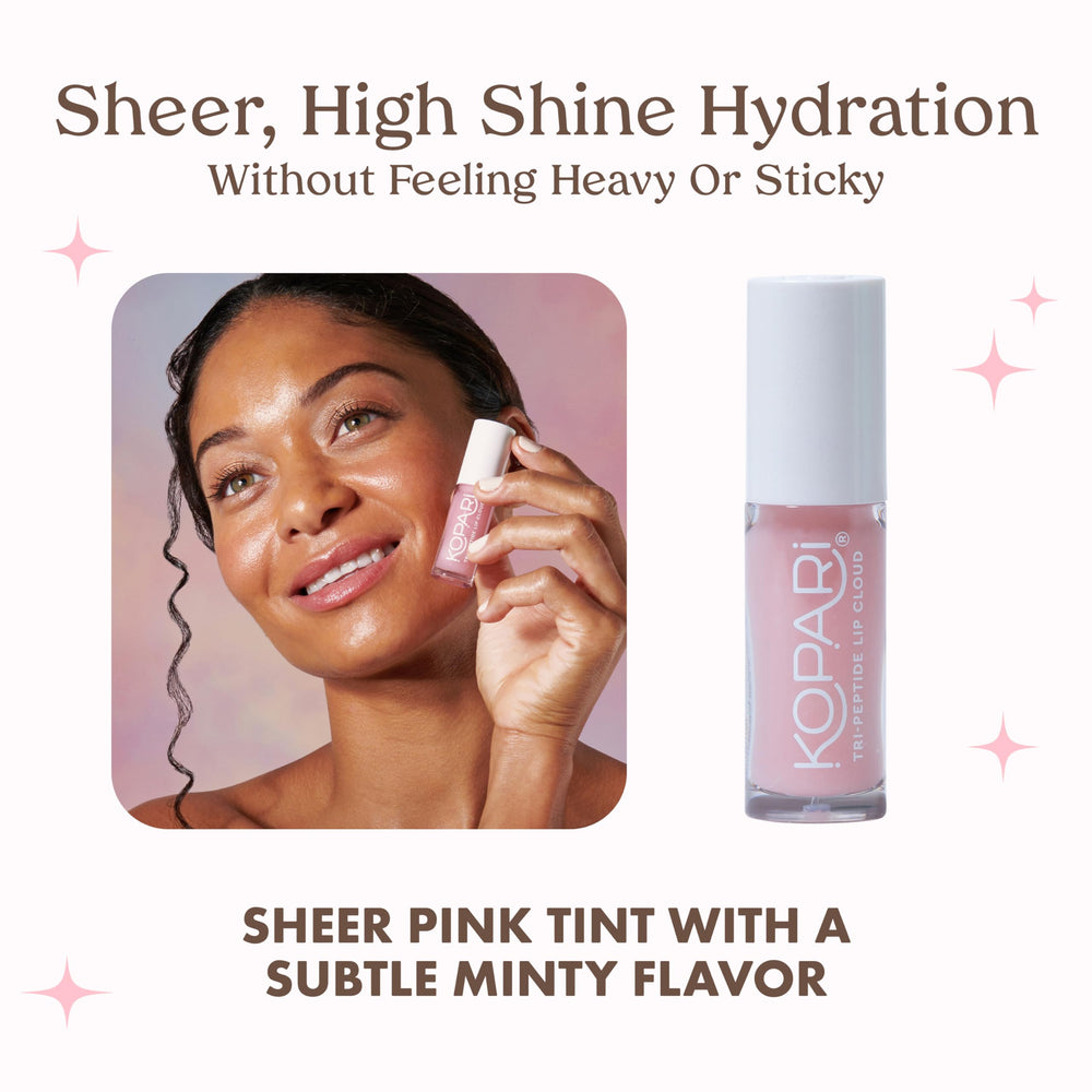 Kopari Tri-Peptide Lip Cloud on lips with moisturized, soft appearance.