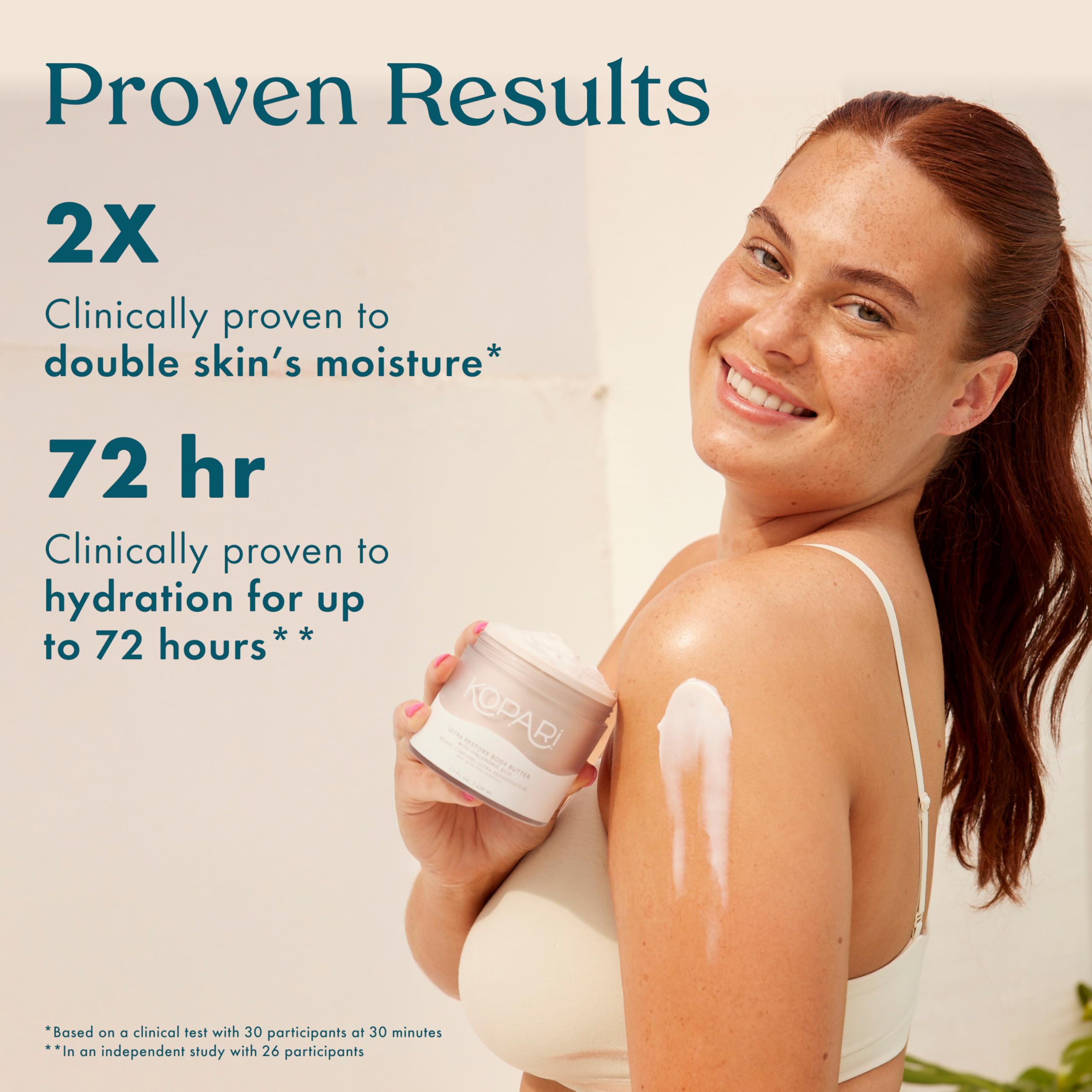 Kopari Ultra Restore Body Butter coconut scent creates tropical calm on skin.