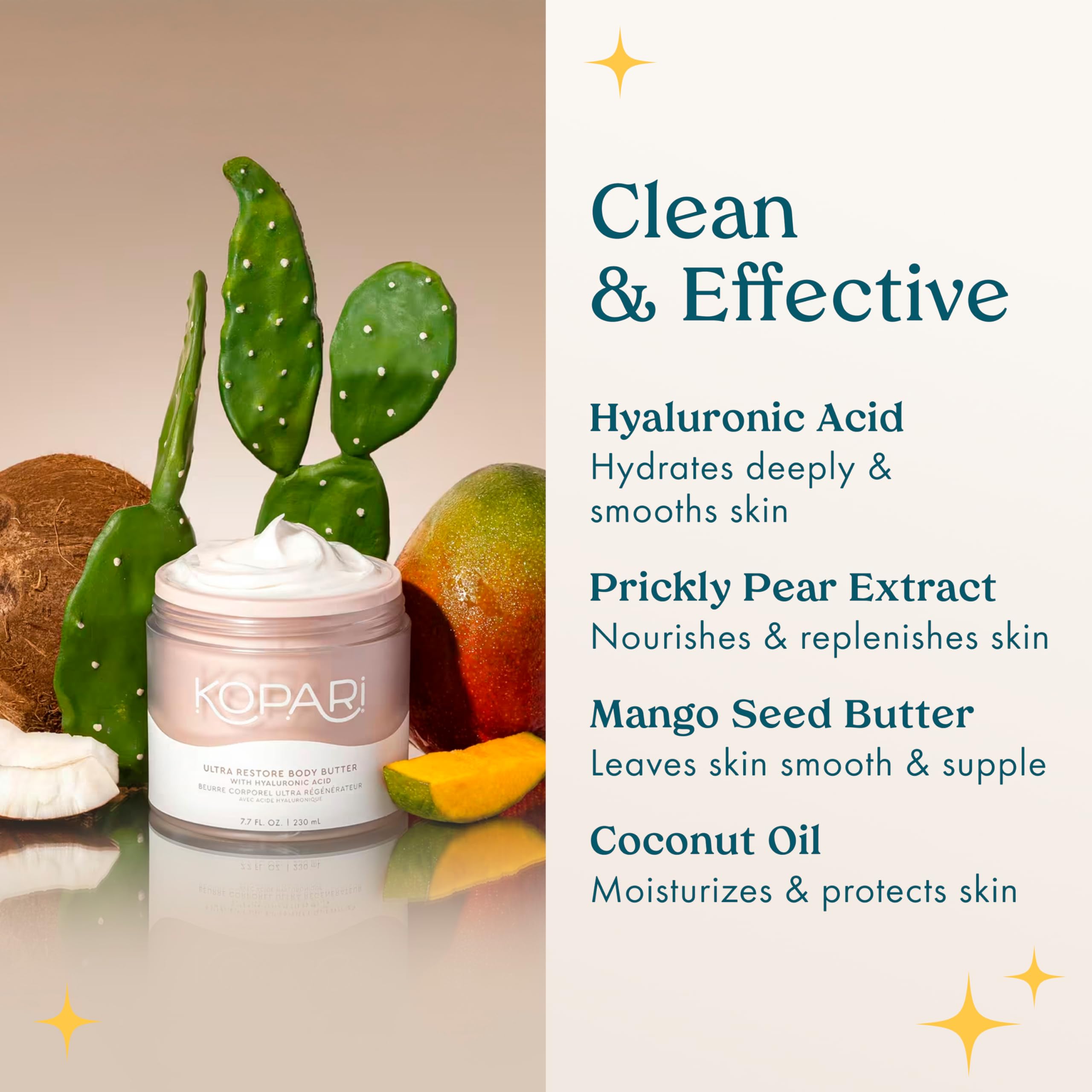 Kopari Ultra Restore Body Butter highlights hyaluronic acid ingredient for hydration.