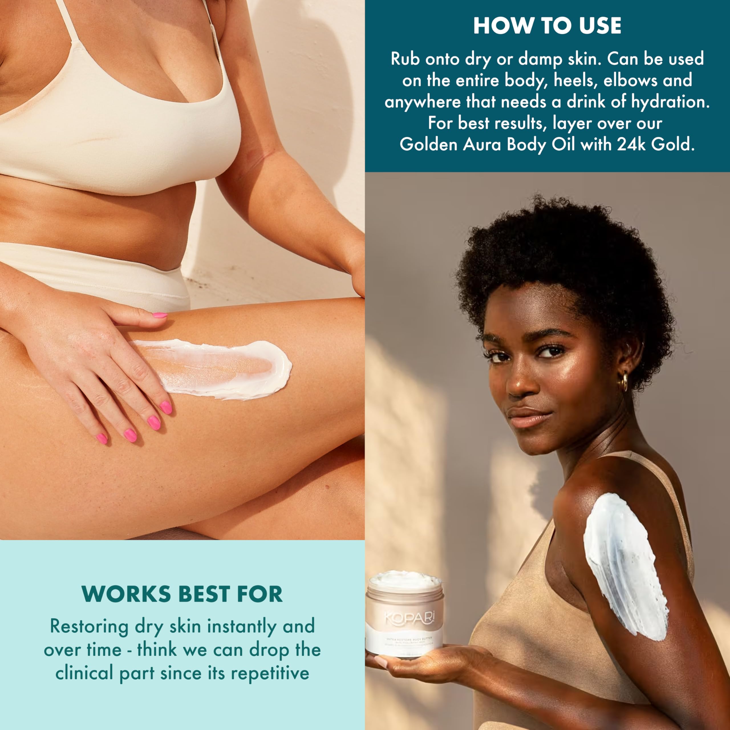 Kopari Ultra Restore Body Butter next to night routine setup.