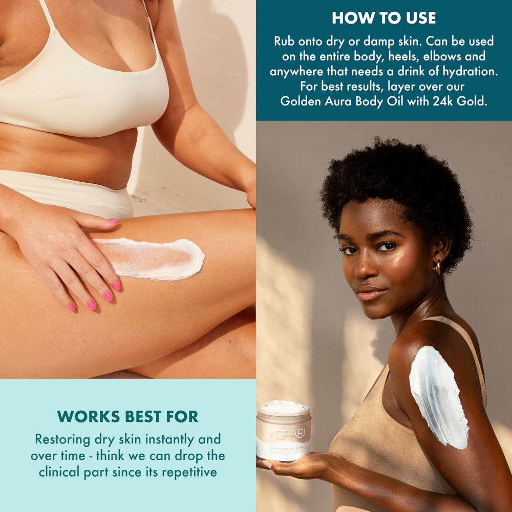Kopari Ultra Restore Body Butter next to night routine setup.