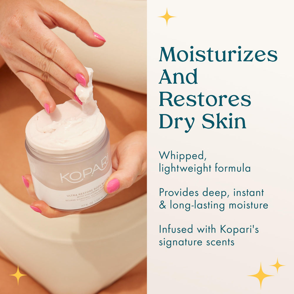 Kopari Ultra Restore Body Butter tub open to reveal creamy formula.