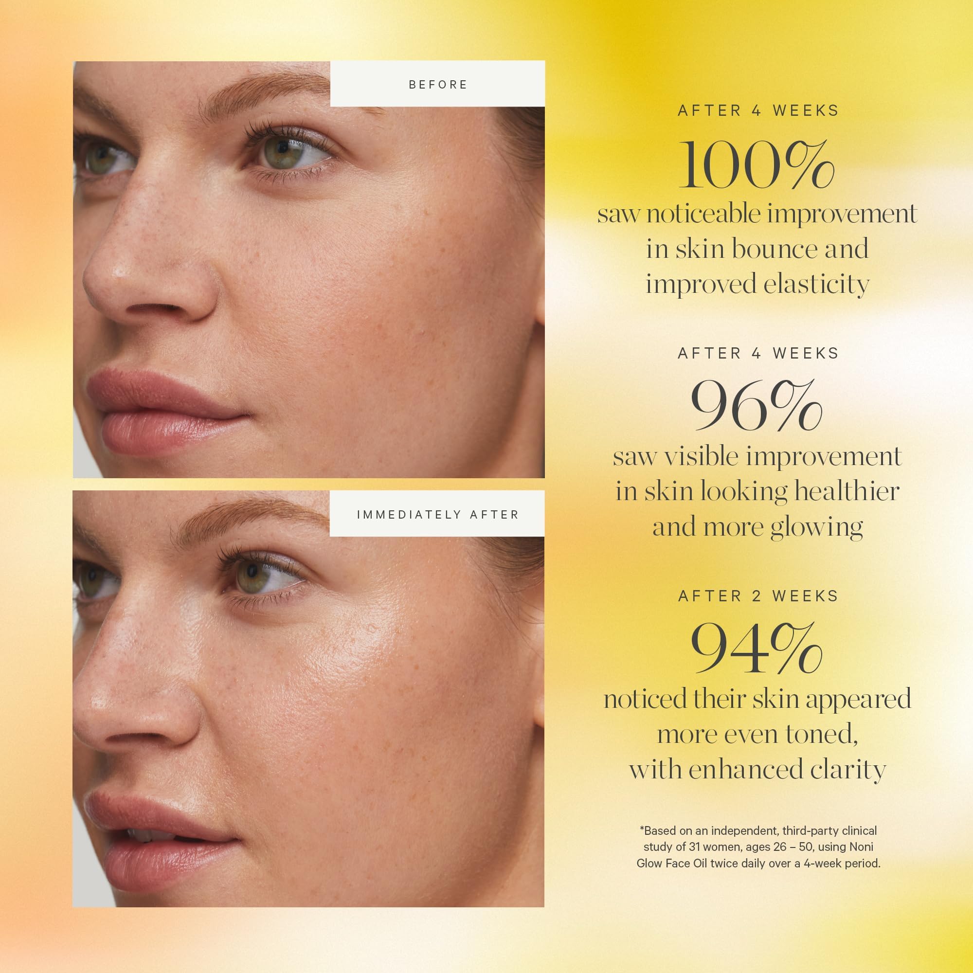 Pomegranate oil in Noni Glow highlights brightening-looking appearance.