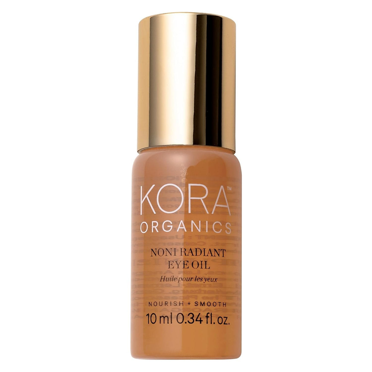 KORA Organics Noni Radiant Eye Oil Roller bottle delivers lightweight hydration for under-eye glow.