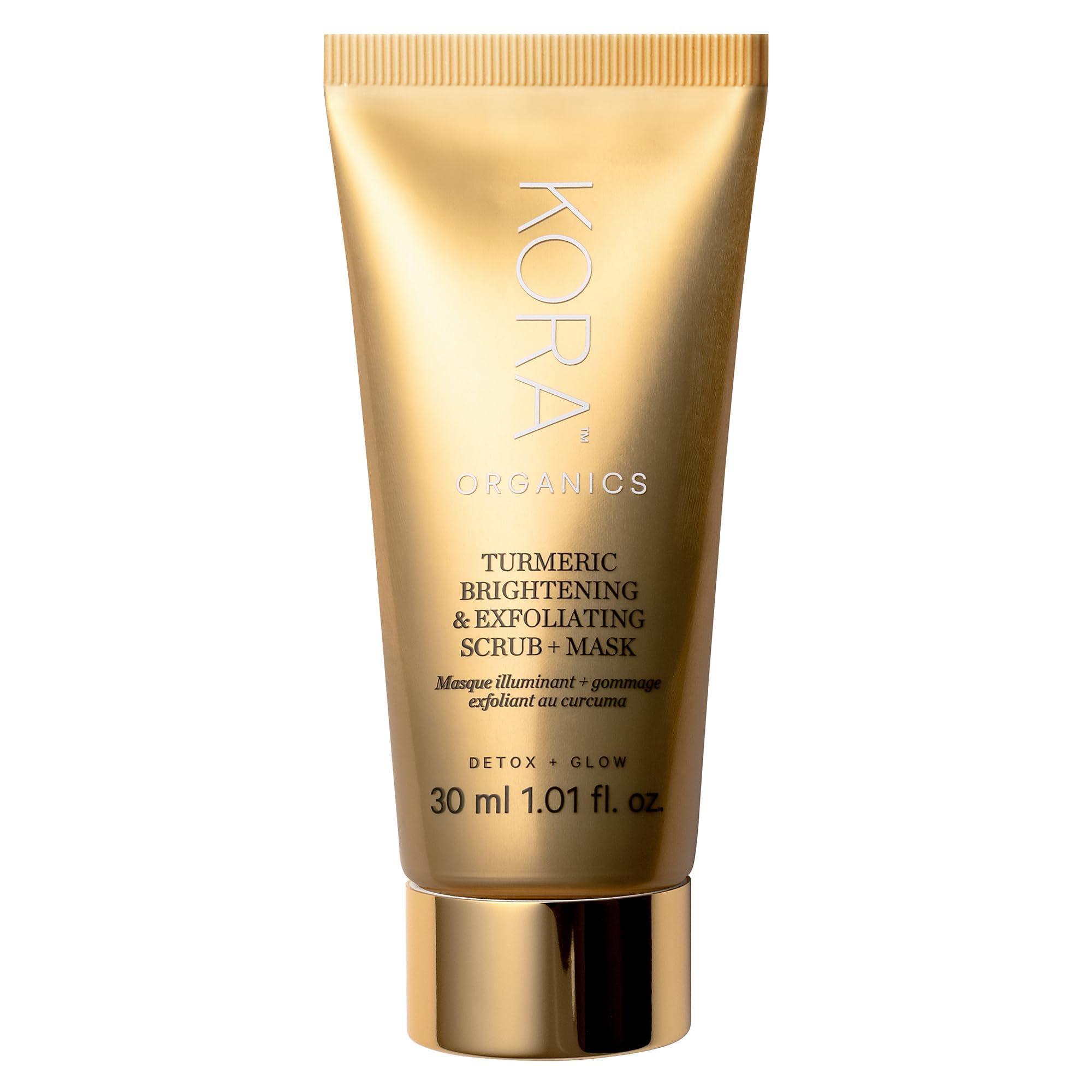 KORA Organics turmeric-brightening-exfoliating-mask-jar shows smoother, brighter skin.