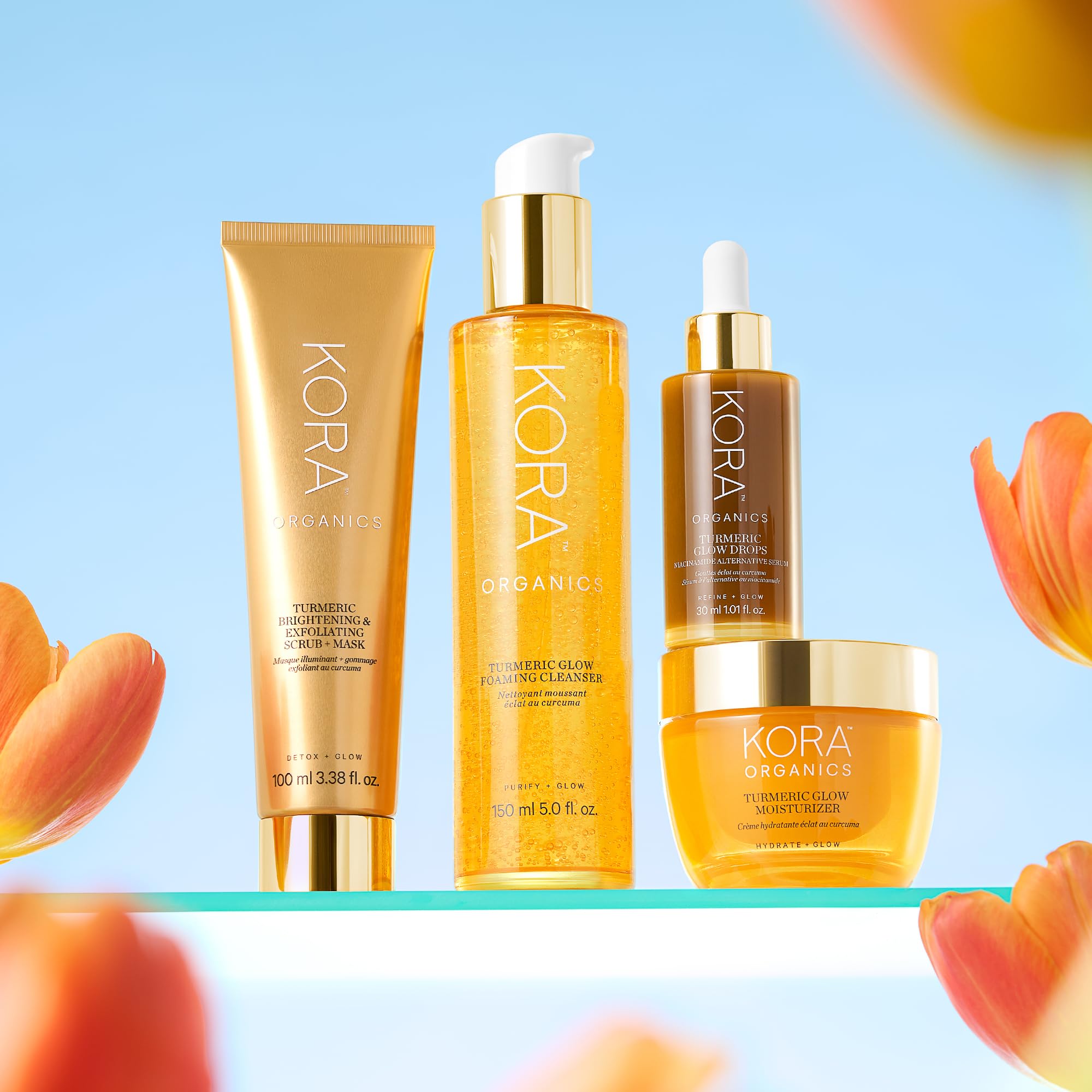 KORA Organics Turmeric Glow Drops hyaluronic acid depiction suggests lasting moisture.