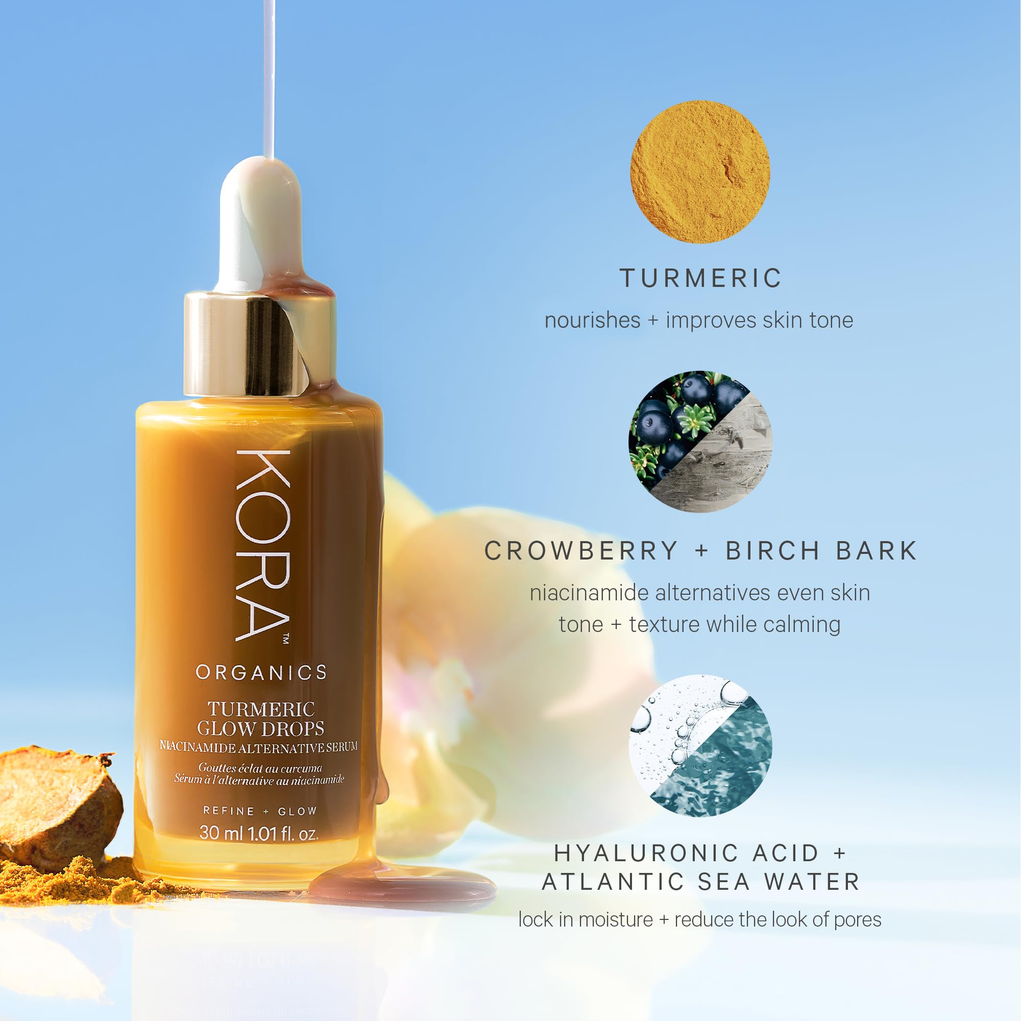 KORA Organics Turmeric Glow Drops crowberry extract detail signals antioxidant support for skin.