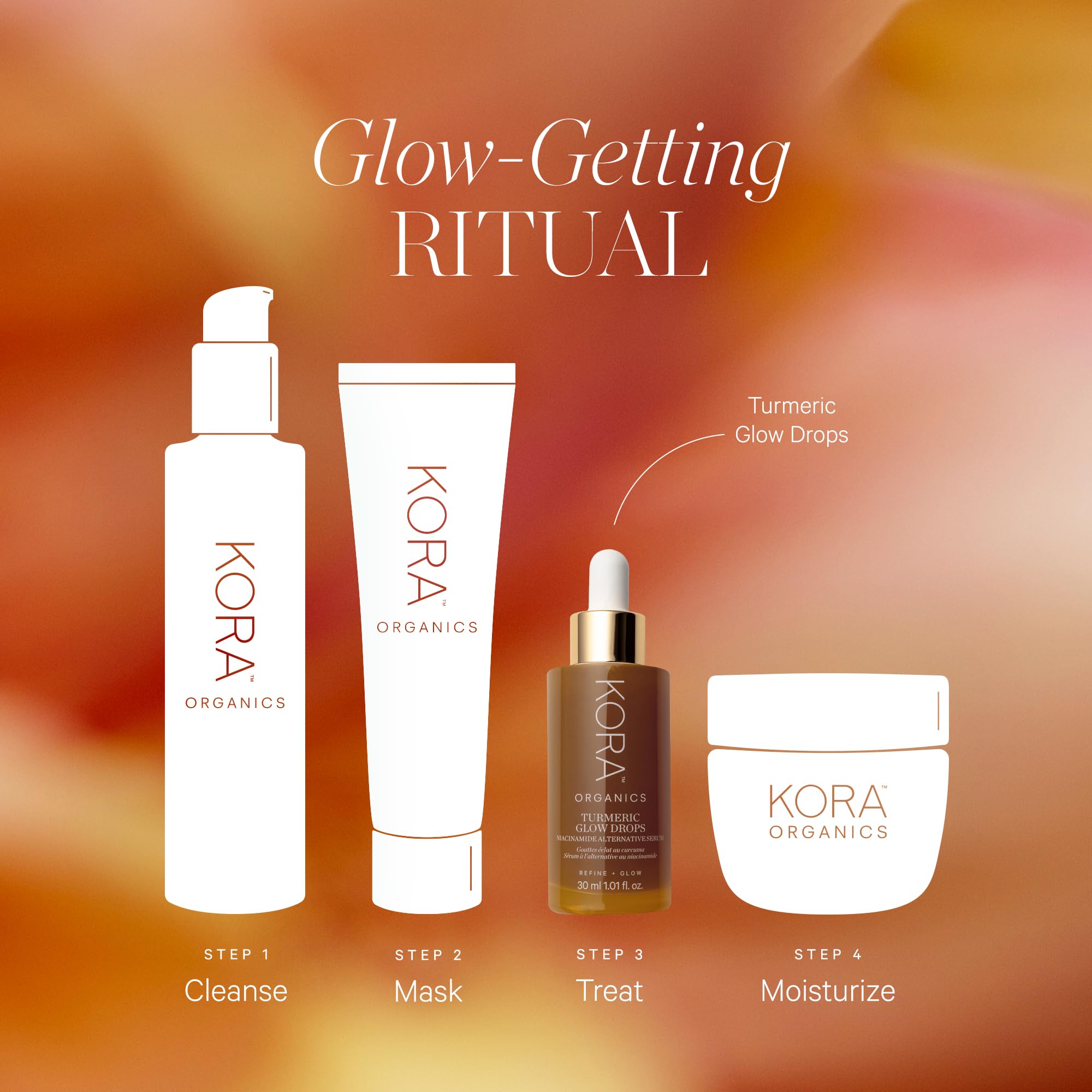 KORA Organics Turmeric Glow Drops spa scene conveys a refreshing morning ritual.