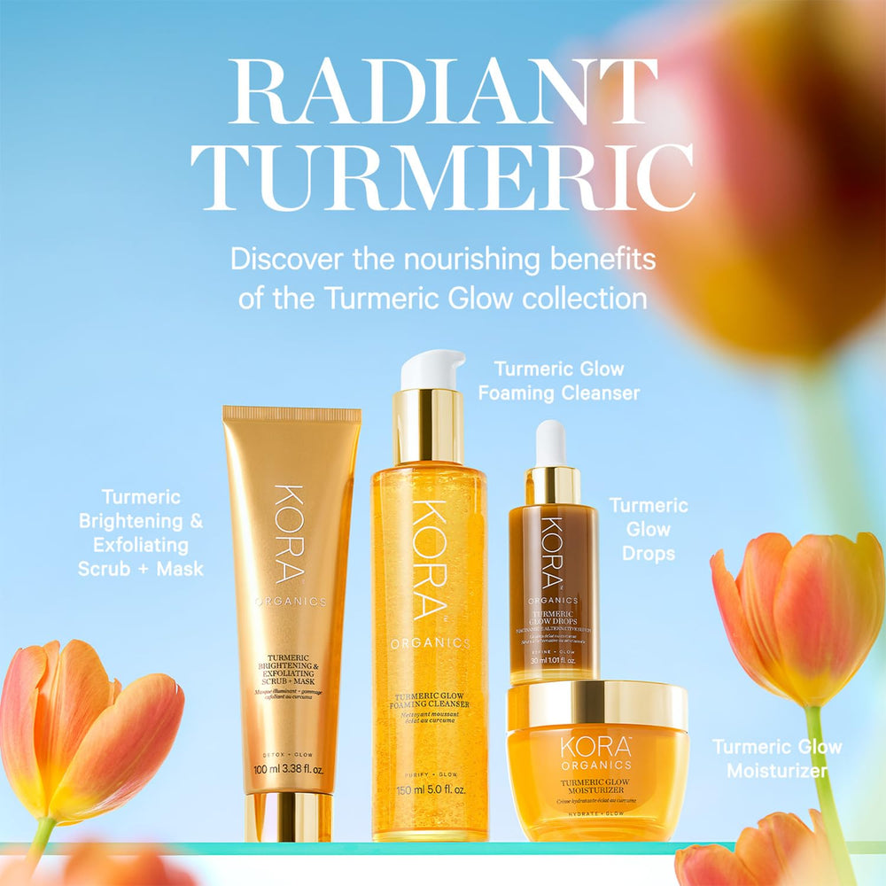KORA Organics Turmeric Glow Foaming Cleanser 5.07 oz sits on vanity for daily cleansing