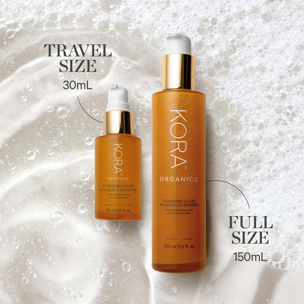 KORA Organics Turmeric Glow Foaming Cleanser pump shows easy, controlled application