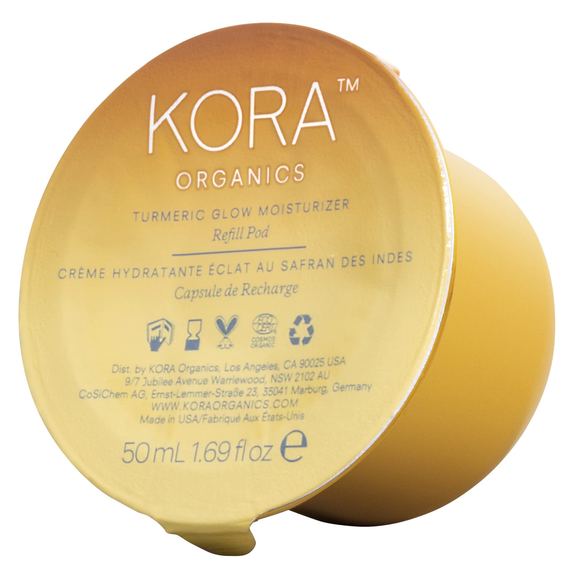 KORA Organics Turmeric Glow Moisturizer Refill Pod bottle on vanity for daily hydration