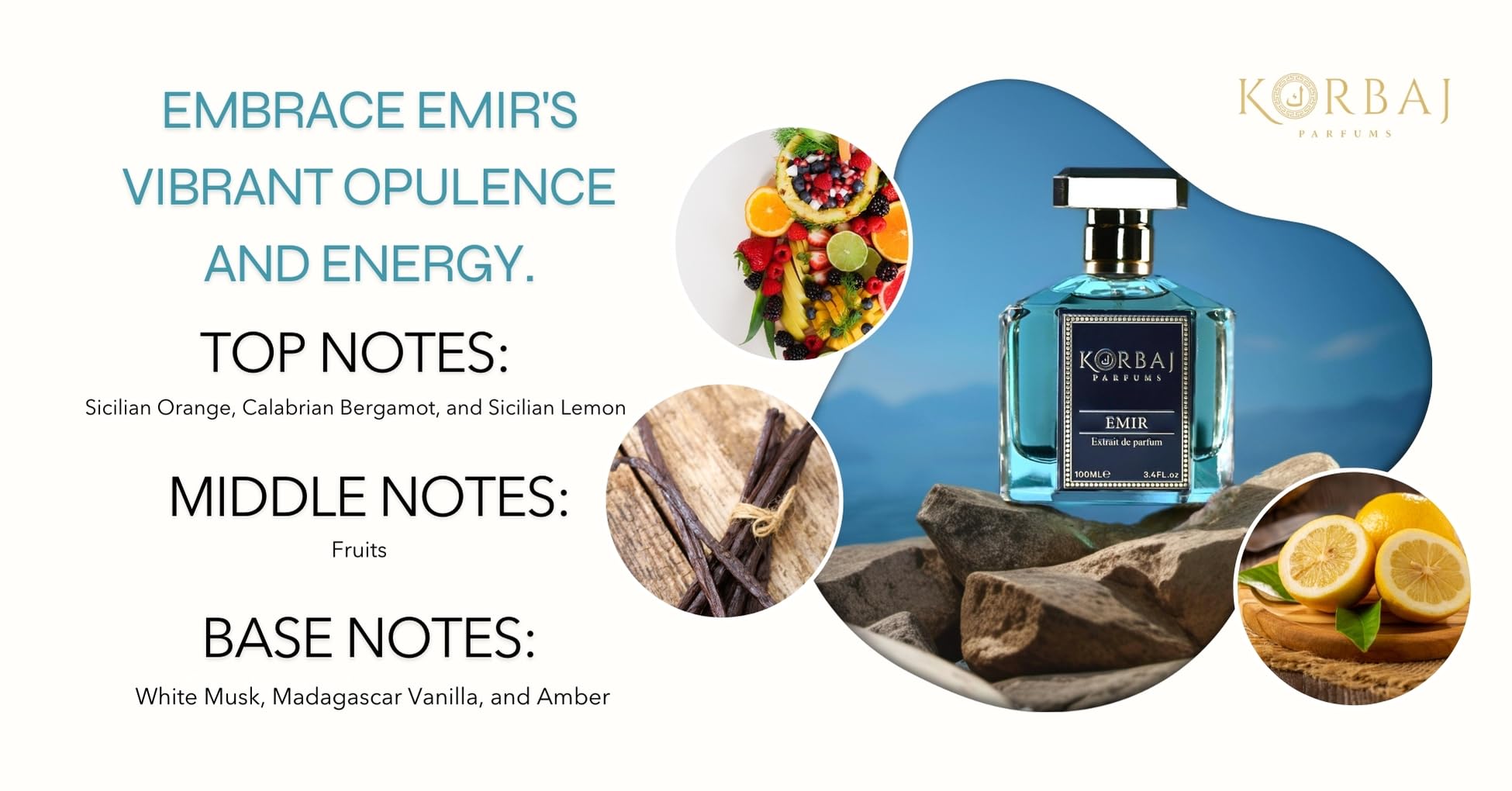 KORBAJ PARFUMS Emir citrus top-notes close-up with bright mood lift