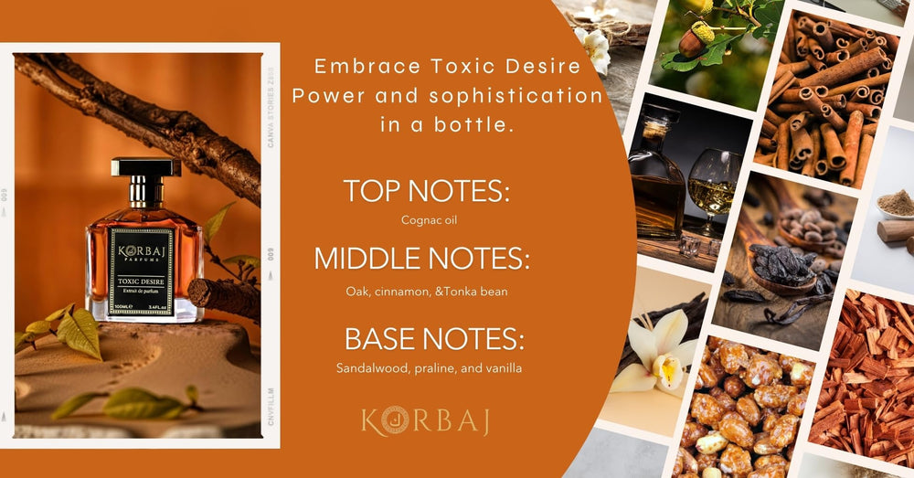 KORBAJ PARFUMS Toxic Desire amber-tonka-oak closeup showing warm depth for evening wear