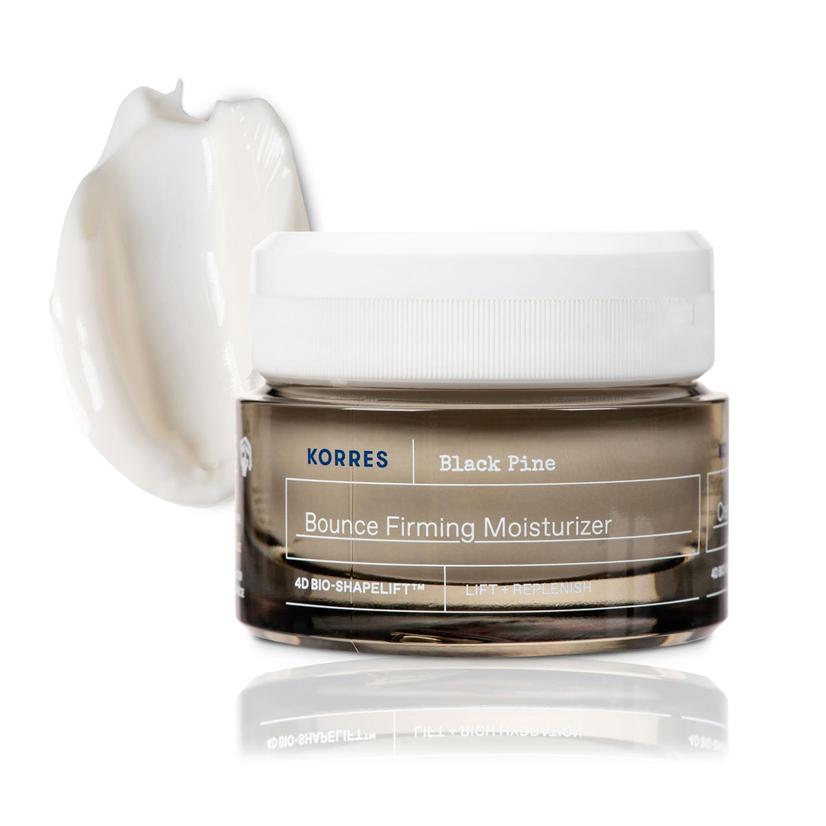 KORRES Black Pine Bounce Cream close-up with smooth, hydrating texture for daily use.
