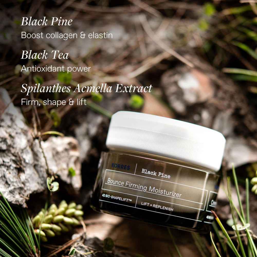 KORRES Black Pine Bounce Cream ingredients shot highlighting black pine and antioxidants.
