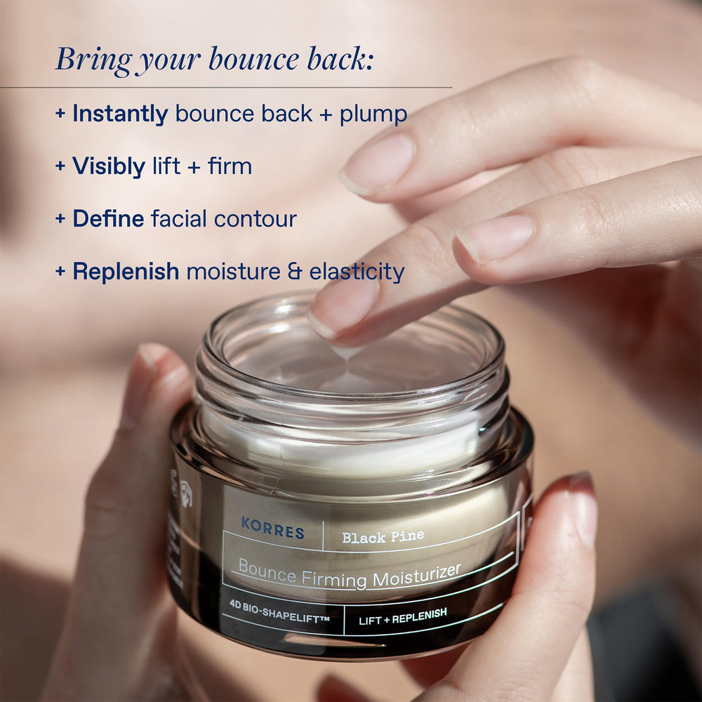 KORRES Black Pine Bounce Cream morning application shows gentle, refreshing ritual.
