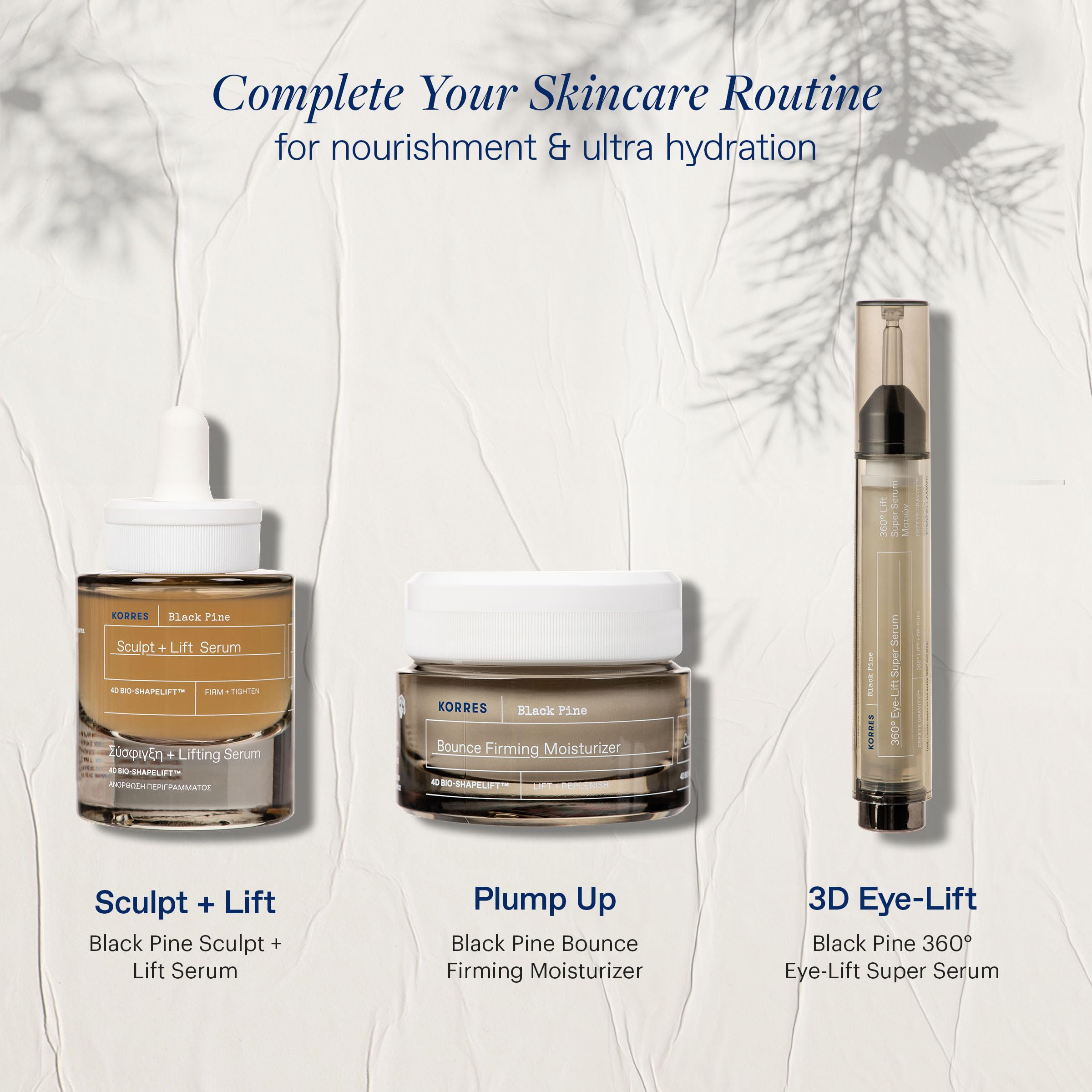 KORRES Black Pine Bounce skincare routine image suggests daily use.