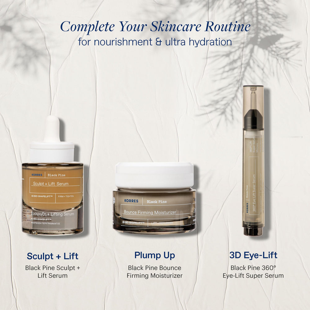 KORRES Black Pine Bounce skincare routine image suggests daily use.
