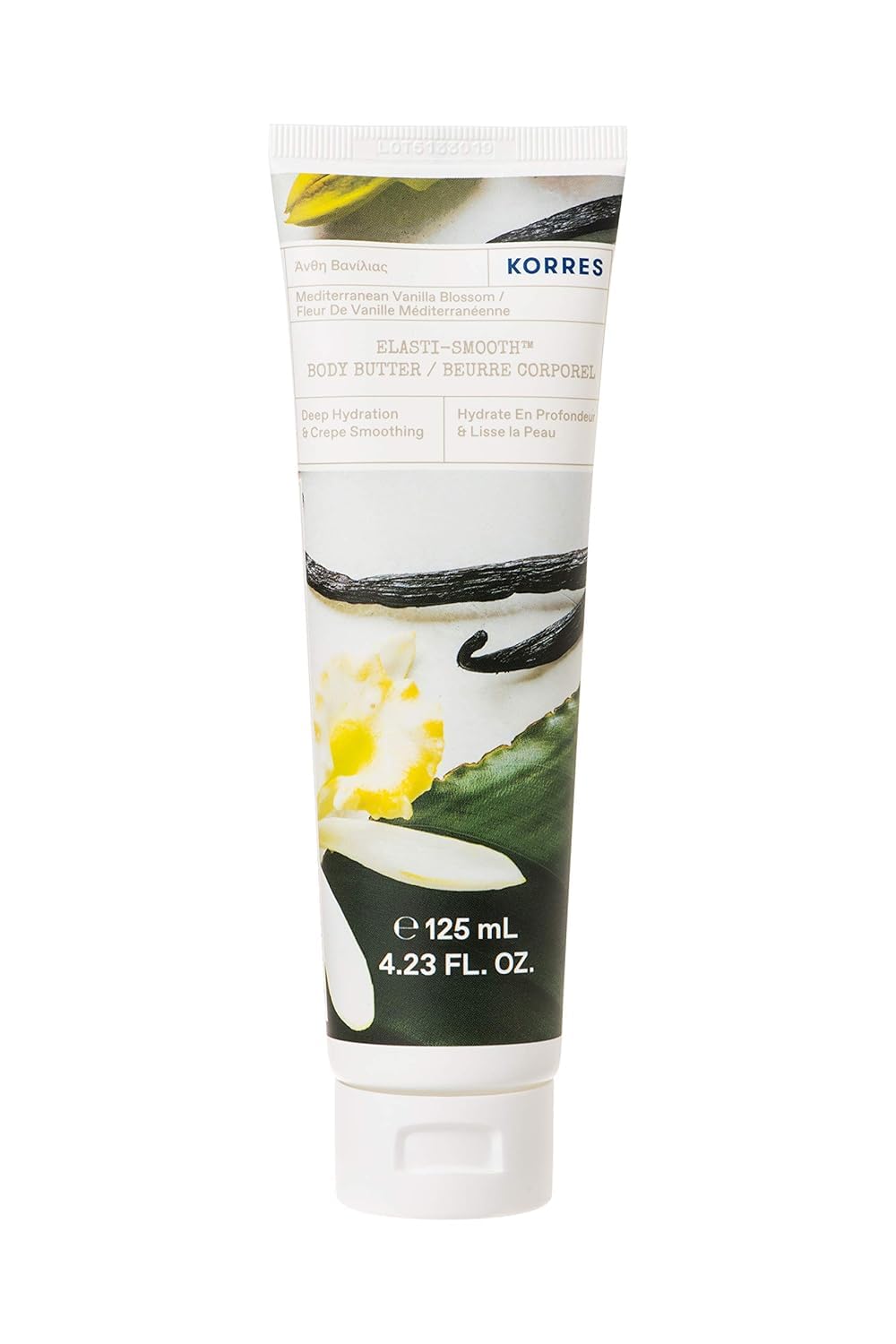 KORRES Elasti-Smooth Body Butter jar close-up showing rich hydration texture.