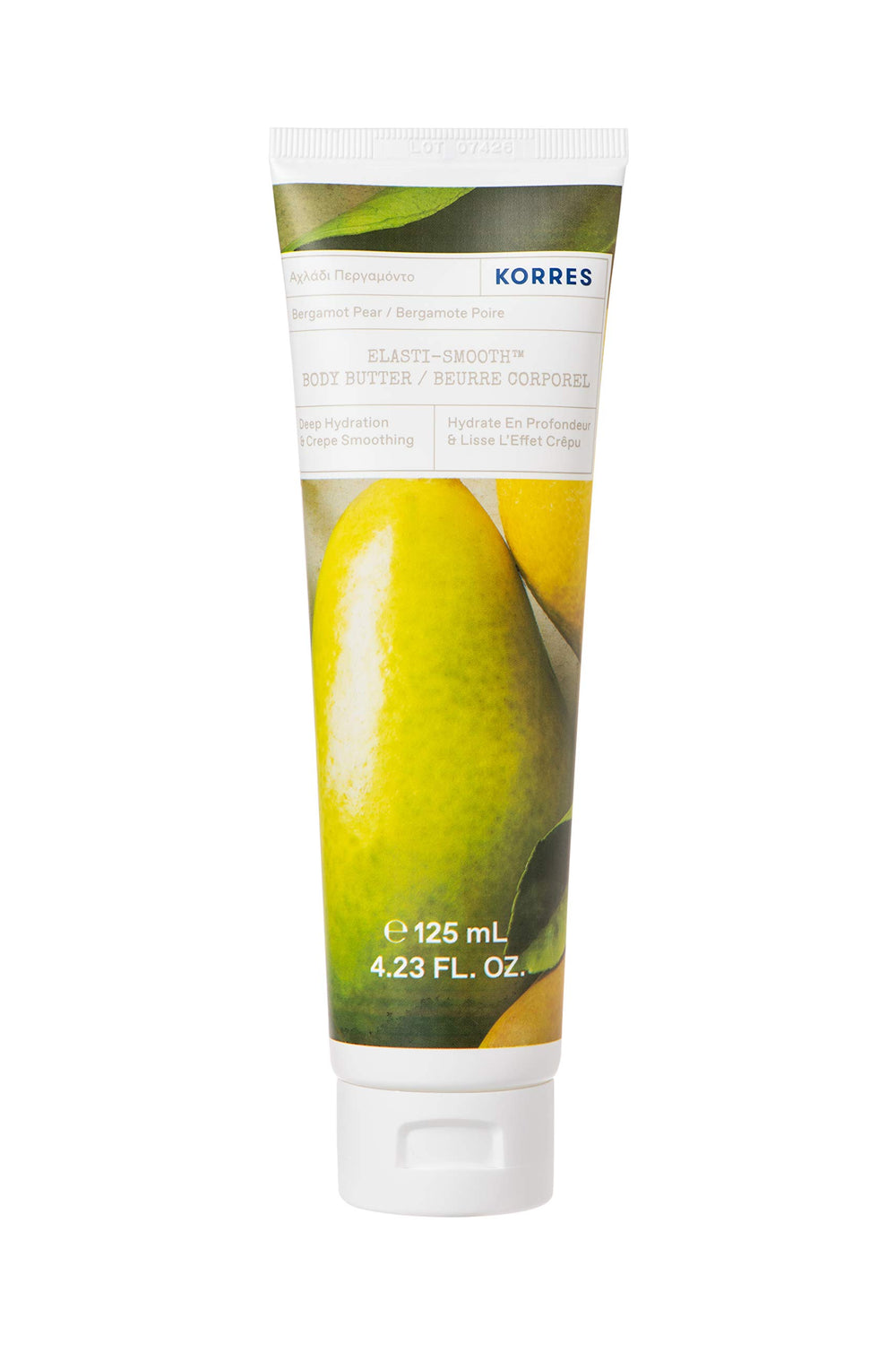 KORRES Elasti-Smooth body butter jar close-up showing rich hydration and elasticity support.