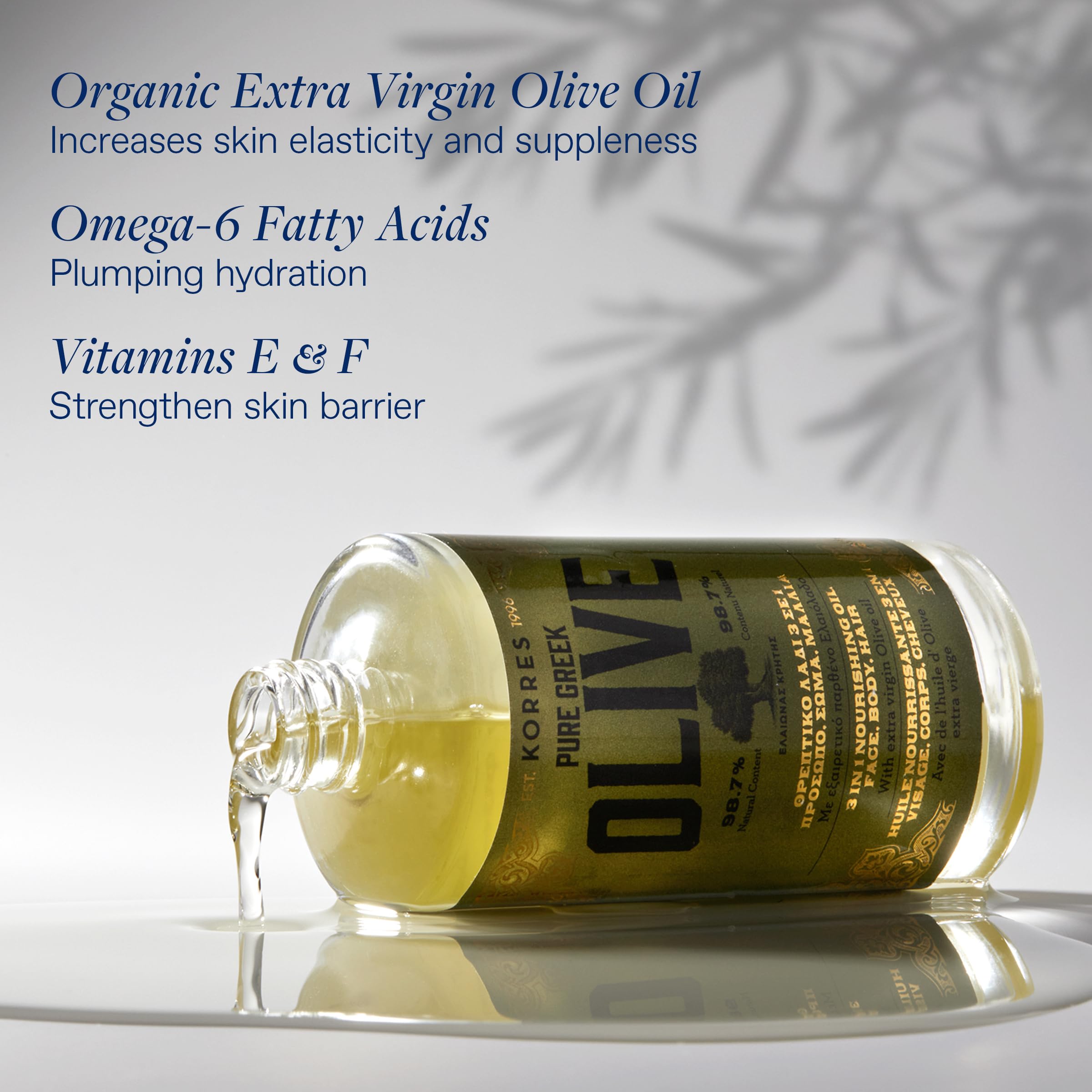 KORRES olive oil vitamin E and omega close-up for healthy shine