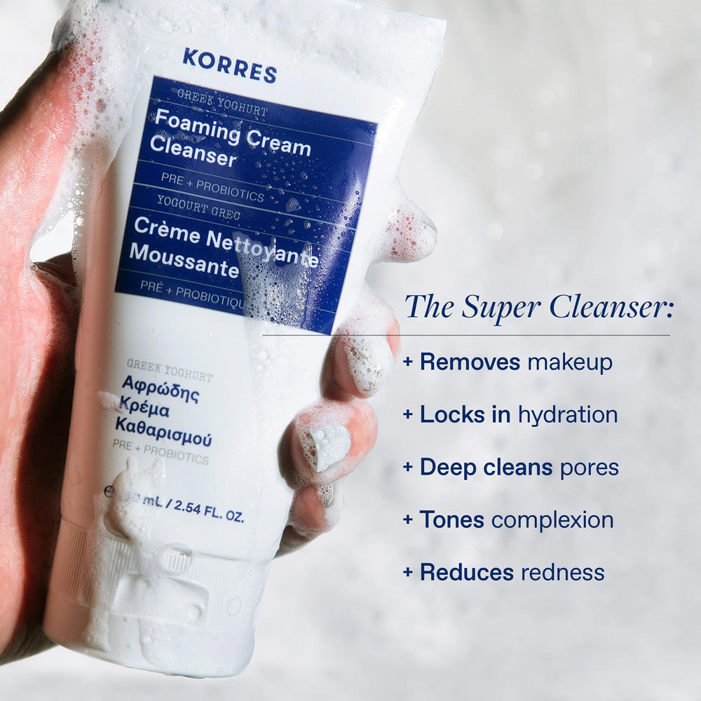 KORRES Greek Yoghurt Cleanser damp-skin massage showing one-step cleansing and makeup removal.